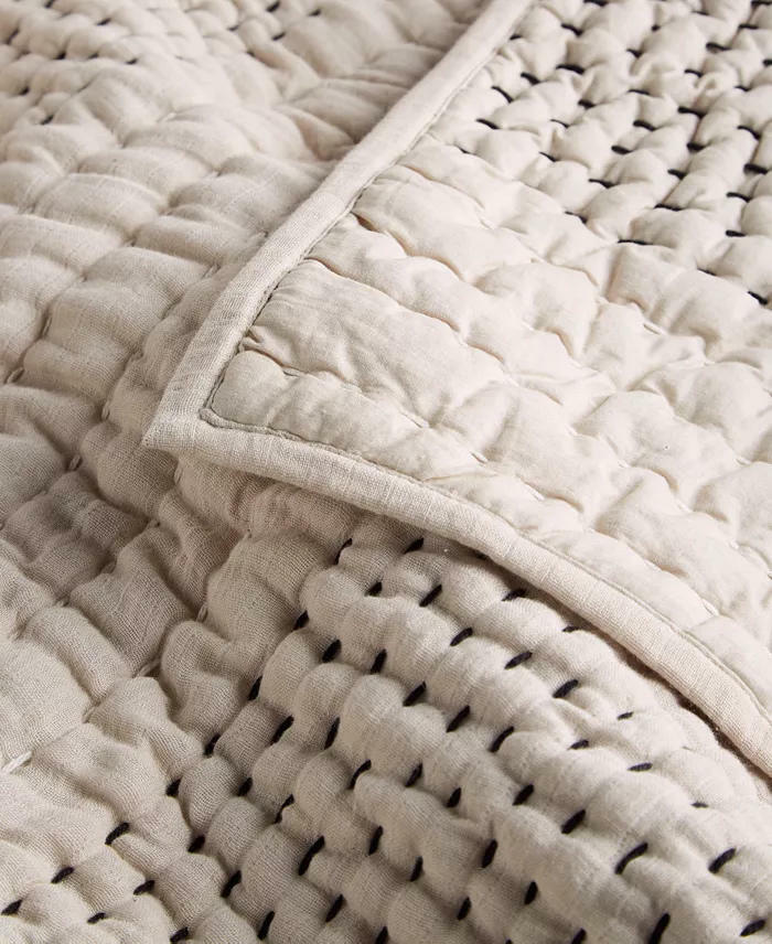 Oake Pick Stitch King Coverlet Set Beige Black 3 Piece Cotton MSRP $335