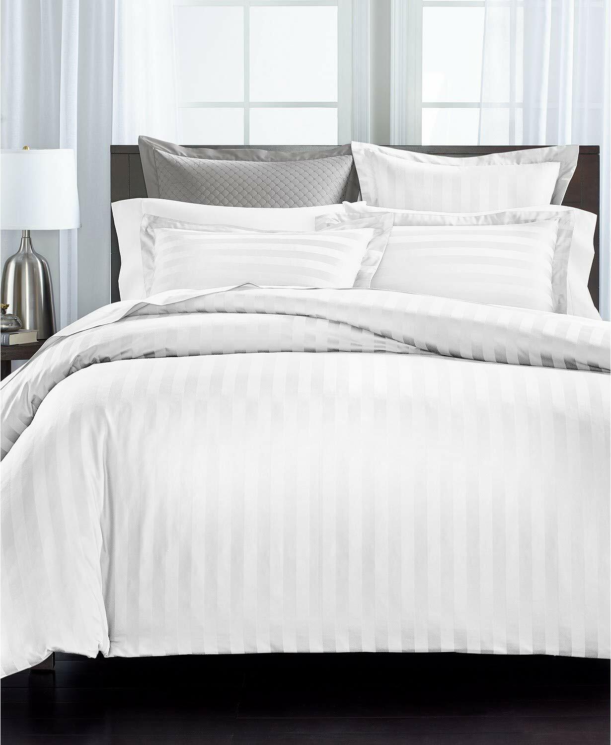 Charter Club Damask Thin Stripe Cotton 550-Thread Count 3 Piece Full/Queen Duvet Cover Set White
