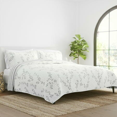 Noble Linens Light Gray 3 Piece Sprouting Vines Reversible $165