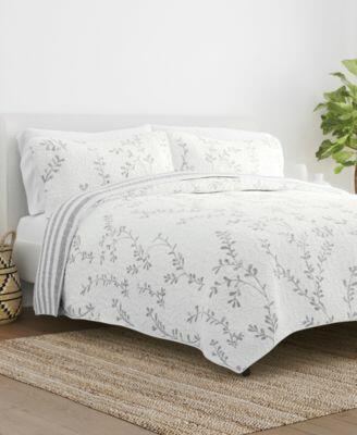 Noble Linens Light Gray 3 Piece Sprouting Vines Reversible $165