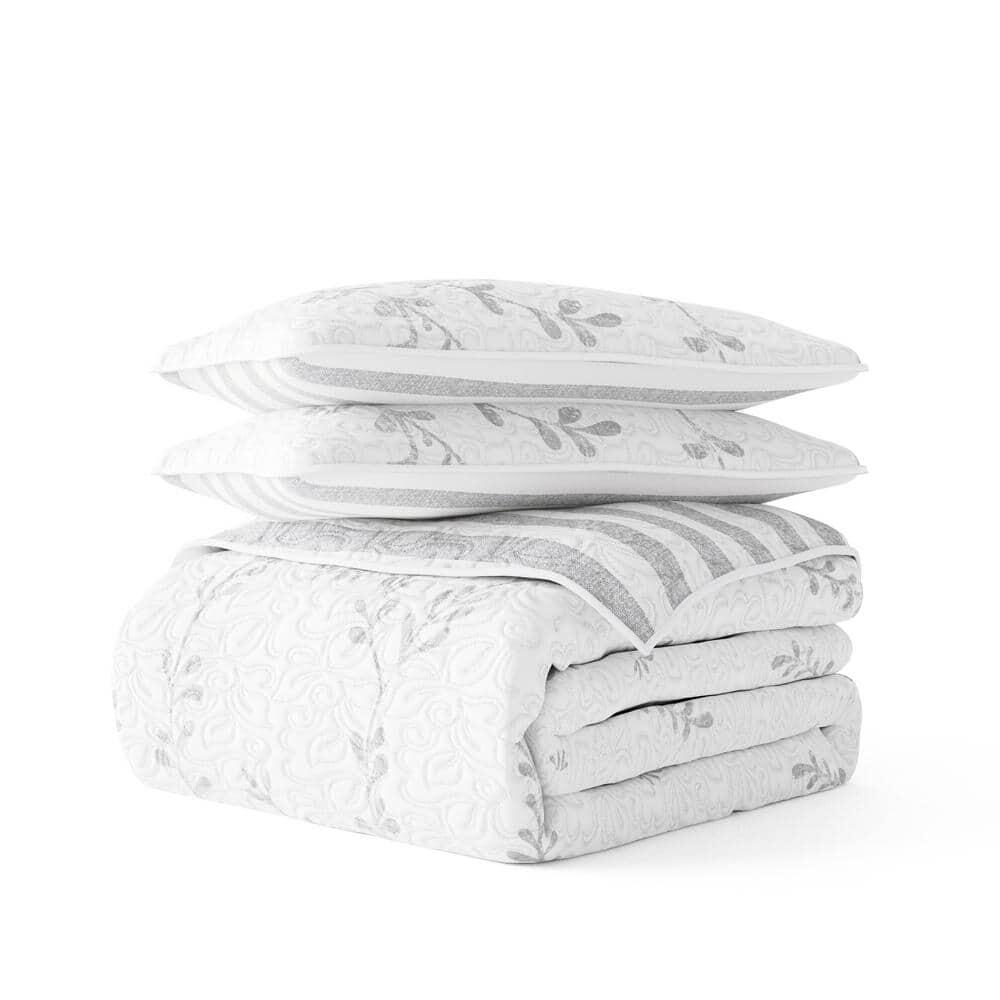 Noble Linens Light Gray 3 Piece Sprouting Vines Reversible $165