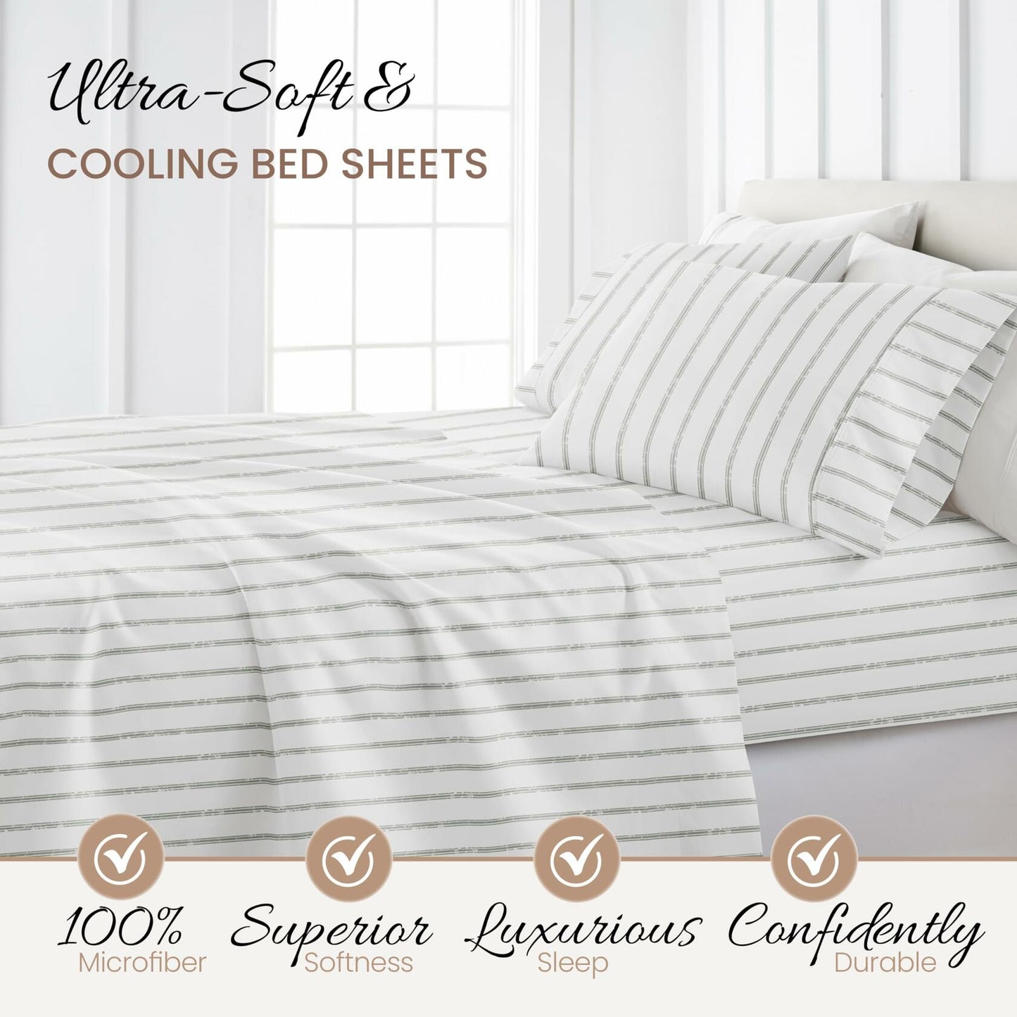 Queen Sheet Set 4 Piece - Ultra Comfortable & Breathable Cooling Queen Bed Sheets - Deep Pocket & Wrinkle-Free Sheets Fits 16" Mattress - Extra Soft & Oeko-TEX Certified - Distressed Line Light Gray