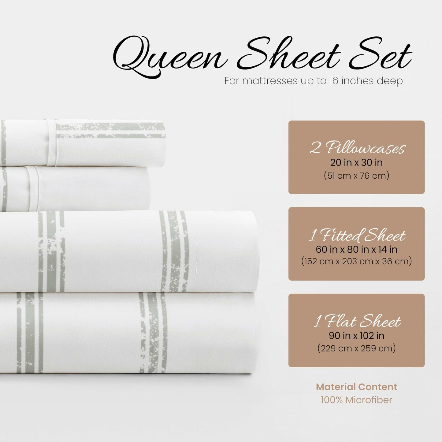 Queen Sheet Set 4 Piece - Ultra Comfortable & Breathable Cooling Queen Bed Sheets - Deep Pocket & Wrinkle-Free Sheets Fits 16" Mattress - Extra Soft & Oeko-TEX Certified - Distressed Line Light Gray