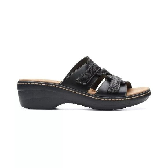 Clarks Merliah Karli Slip On Strappy Sandals  Black MSRP $94