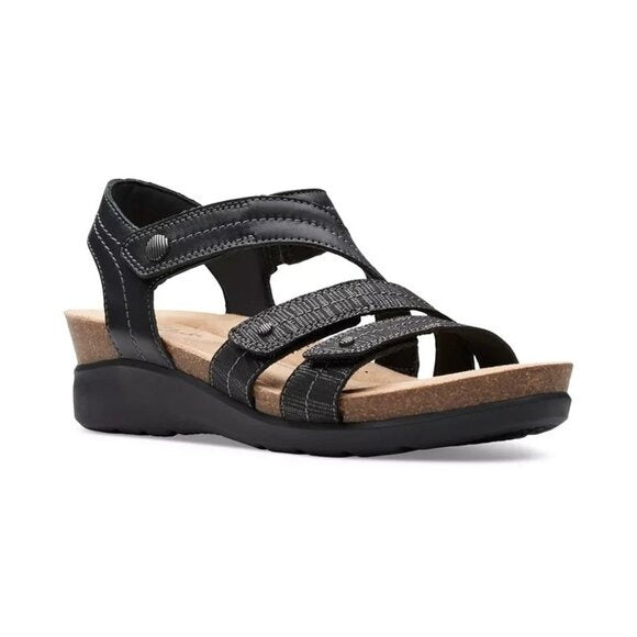 Clarks Calenne Clara Strappy Wedge Sandals Black MSRP $95